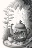 Placeholder: Cozy vibes drawing art tea pot, garden inside tea pot