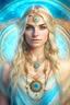Placeholder: galactic indian priestess woman detailed beautifull, innocence and gentle face with a little smile, blond hair brown eyes fine gold lace garments in light blue and ethereal background with cosmic atmosphear and Lotus flower