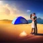 Placeholder: 2 lovers last kiss in sand island with tent and river background