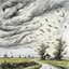 Placeholder: A white sky with birds and a tornado painted by Alan Sorrell