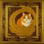 Placeholder: a painting of a calico cat curled up, a minimalist painting, by Miao Fu, gold and black color scheme, strong brush stroke, the cat is walking, h 1 0 2 4, lei min, unknown artist, artwork, kuang hong