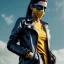 Placeholder: A badass Sofia Buttela wearing a scream mask, atmospheric, realistic, yellow leather trench coat, unreal engine, cinematic lighting, octane render.