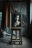 Placeholder: An artist studio with painting stand on it a dark picture of a sad pretty woman . And palate "A very old paints cracked dirty abandoned stage , insanely detailed octane render trending on artstation, 8k artistic photography, photorealistic concept art, soft natural volumetric cinematic perfect light, chiaroscuro, award-winning photograph, masterpiece, oil on canvas, Raphael, Caravaggio, Greg Rutkowski, people, beksinski, Giger