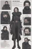 Placeholder: A dnd character sheet. A woman dressed for the cold north dressed in dark furs, with black hair. Death cleric wearing a mask