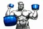 Placeholder: a very swedish strongman, big muscles and short light hair, pait of glasses, holding a big blue barrel above his head, a drawing with sketch lead pencil, The word BAXER floating