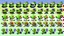 Placeholder: game sprite sheet of 30 images of stylized frog, view from six different angles covering 360°, collection sheet, arcade game, digital art