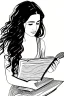 Placeholder: Pencil sketch of Young woman, Arab features,sad, long wavy hair, reading a book, full body، on lined paper