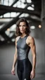 Placeholder: photography of a beautiful anorexic woman, anthracite satin triathlon top, sports illustrated, brunette short wavy bob haircut, pronounced sternum, flat chest, anthracite short leggins