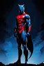 Placeholder: Catman, comic style artwork, dark black, red and blue, calm, full body