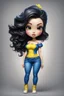 Placeholder: Create an airbrush image of a curvy chibi cartoon asian female wearing tight yellow jeans and a blue off the shoulder blouse. Prominent make up with hazel eyes. Extremely highly detailed shiny black wavy hair flowing down her back