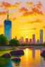 Placeholder: sunset, buildings, lake, rocks, city, park, trees, cyberpunk, sci-fi, paul gauguin, and claude monet impressionism paintings