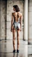 Placeholder: beautiful anorexic woman, total shot, short silver triathlon swimsuit, short brunette wavy bob hair, blurred concrete background