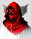 Placeholder: Draw an illustration with a red and black hood and a dragón mask over they eyes, front view