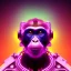 Placeholder: A beautiful portrait of a cyborg monkey purple neon color scheme, high key lighting, volumetric light high details psychedelic background