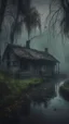 Placeholder: A swamp surrounded by bamboos long trees in cloudy, depressing, foggy, with a dim of light in the distance , there.is an abandoned cottage covered with leaves. A close look of strange scary creature sitting outside the cottage