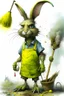 Placeholder: artist Jean-Baptiste style. A unhappy, disgruntled biomorph skinny fuzzy-headed old dust Bunny. skinny arms, legs, and body covered all over with bits of dust and dirt. blue eyes. A yellow dotted green raggedy apron. holding a mop and pail. standing in a cloud of dust. large bits of dirt flying around his head. style of Tim Burton.