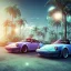 Placeholder: 1980's aesthetic vaporwave palm trees and spheres and Porsche with lightning