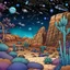 Placeholder: Colourful, peaceful, night sky filled with galaxies and stars, desert, rocks, trees, flowers, one-line drawing, sharp focus, 8k, deep 3d field, intricate, ornate