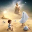 Placeholder: ghost of a child wearing white playing by himself with a castle of sand at the beach close to a starfish and pearl