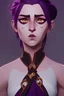 Placeholder: 1 girl,portrait, beautiful,tiefling, bard, purple skin, fiery glowing eyes, A pair of symmetrical horns protruding from her forehead, long black hair tied up in a ponytail and braided sidebangs
