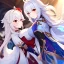 Placeholder: Clear focus,High resolution,High quality, white long fluffy hair, Red eyes, genshin warrior clothing style, curvy,Sumeru Style, Pyro vision, Holding a bow