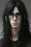 Placeholder: Cute guy with long black hair with black eyes with black dressing with glassess with hoka