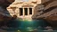 Placeholder: An oil painting depicting the submerged ruins of the Rock Temples in Aswan. A large, ancient stone structure, composed of layered, rough-textured rock formations, is the central subject. The structure shows signs of weathering and decay, with visible cracks and crevices. Light streams down from above, highlighting parts of the structure and creating dramatic shadows. The colors are muted earth tones, including various shades of browns, tans, and greens, with hints of blues and teal in the ba