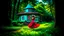 Placeholder: slim nymph dancing in a woodland clearing, with a woodland house behind her. vibrant colour