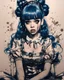 Placeholder: Poster in two gradually, a one side the Singer Melanie Martinez face, full body, sit pose, painting by Yoji Shinkawa, darkblue and sepia tones,sinister, detailed iridescent, metallic, translucent, dramatic lighting, hyper futuristic, digital art, shot with Sony Alpha a9 Il and Sony FE 200-600mm f/5.6-6.3 G OSS lens, natural light, hyper realistic photograph, ultra detailed -ar 3:2 -q 2 -s 750,malevolent goth vampire girl face and other side