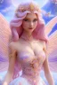 Placeholder: Magnifique woman, lady fairy, facing happy, voluptuous white, pink enchanted flowers, wings magic, long big dress, pink outerspace stars planets, Beautyful smiling, young woman, long hair amazing blue eyes, flowers, happy cosmic, bright colors, blue, pink, gold, jewels, realistic, photo real, clear sunny background, highly detailed, high contrast, 8k high definition, unreal engine 5, extremely sharp detail, light effect, sunny light background