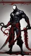 Placeholder: A close picture of Venom symbiote with kratos red tattoos and Clothes, holding blade of choice