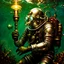 Placeholder: 90's tcg art silver steampunk male diver with glowing helmet underwater