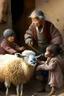 Placeholder: Marai girl playing with her grandfather and sheep around her