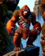 Placeholder: Orangutan Assassin Gothic symmetrical design standing on the edge of a cliff frontal view full body full arms full legs full head full pixel art hyper-detailed hyper-realistic full legs 8k