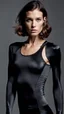 Placeholder: photography of a beautiful anorexic woman, anthracite satin triathlon top, sports illustrated, brunette short wavy bob haircut, pronounced sternum, flat chest, anthracite short leggins