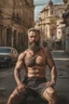 Placeholder: viril strong beefy mature russian man sunbathing, sitted on an empty street, 41 years old, dirty tank top, tattoo, bullneck, hands behind the neck, ripped dirty shorts, manly chest, very hairy, short beard, big shoulders, relaxed, photorealistic, well defined facial features, half figure photography, view angle from the ground