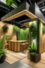 Placeholder: Corner exhibition stand with wood elements and greenery, with meeting areas