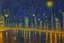 Placeholder: Night, futuristic buildings near trees, highway, people, sci-fi, impressionism, ealistic painting