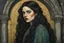 Placeholder: create a 3/4 profile, full body oil pastel of a dark haired, savage, ornately dressed, vampire girl with highly detailed , sharply defined hair and facial features , in a dismal 13th century crypt in the Pre-Raphaelite style of JOHN WILLIAM WATERHOUSE