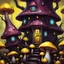 Placeholder: space island mushroom house. black cherry and lemon colored. Detailed oil Painting, muted color, fantastical, intricate detail, splash screen, hyperdetailed, insane depth, concept art, 8k resolution, trending on artstation