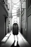 Placeholder: girl is standing in alley, fisheye camera, greyscale