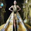 Placeholder: stunning extrem opulent haute couture gown designed by Marchesa inspired by fairies, realistic epic elegant fantasy color mix of black and gold and dark red,decorated with precious stones, detailed, high quality, intricate, fantasyland background,