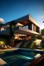 Placeholder: facade high standard residence; neocontemporary architecture; Hanging garden; concrete and wood surfaces; visual continuity; cubic volumes; asymmetric deployment; panoramic window; artificial pool with lighting; paradisiacal landscape of the Brazilian coast; sunrise; photography; rich in details; 3d modeling; Vivid colors; --ar 16:9