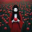 Placeholder: a no face woman with mask standing in a field holding red ball, inspired by Ren Hang, design milk, long black hair, whites, wanderers traveling from afar, trending on artisation, cloning spell, coat pleats, in twin peaks, submarine, by Helen Thomas Dranga, symetry, round-cropped, noire photo