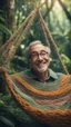 Placeholder: close up portrait of a happy blissed professor woven into a sacred geometry knitted tapestry hammock over a ant hill in the middle of lush magic jungle forest, bokeh like f/0.8, tilt-shift lens 8k, high detail, smooth render, down-light, unreal engine, prize winning