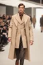 Placeholder: A guy on a winter fashion runway with moderna clothes inspired by Superman style, embroidery elegante fashion beige tones