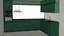 Placeholder: dark green kitchen with forest wallpaper on the white wall, very realistic