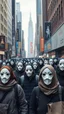 Placeholder: Bosch painting style . In 3D people covered all faces with a white masks including eyes walking in busy New York with no face expressions