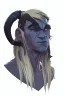 Placeholder: A tieffelin with blue skin and white Dreadlock hair. His pupil-less eyes are green. He wears a small beard.
