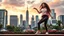 Placeholder: beautiful lady with makeup in pants and pretty shirt curvy long hair sport shoes dancing in a open stage in a modern city cnter,modern city escape at dintant ,flowers and trees ,pretty clouds